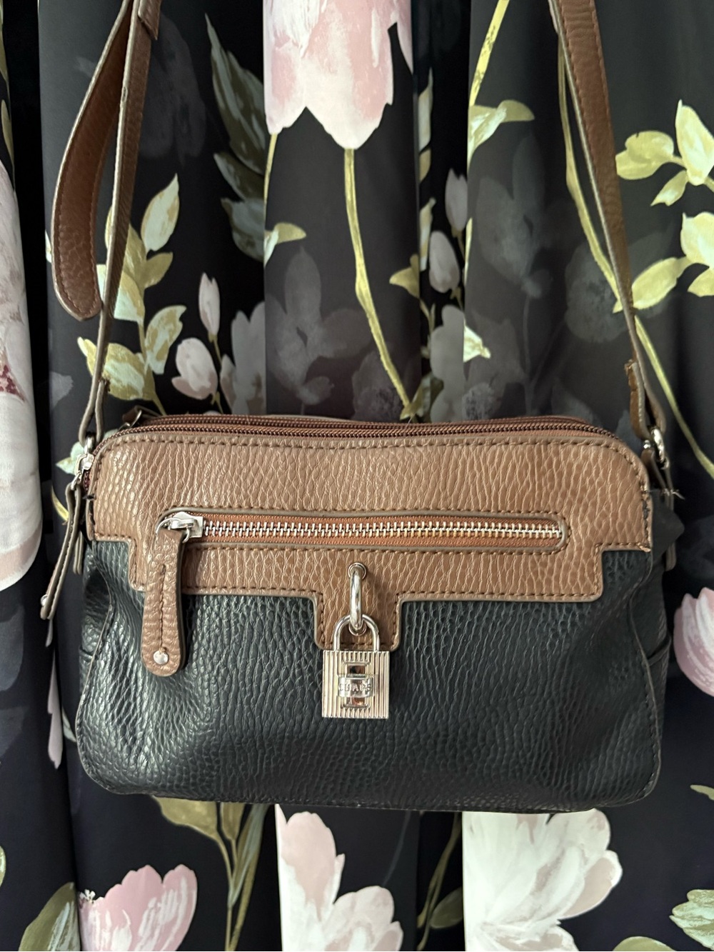 Ralph Lauren Chaps two-tone leather crossbody bag featuring a brass lock detail